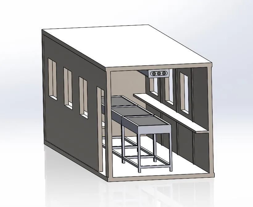 Coupe 3D du module énergie avec ses équipements disposés le long de la paroi.