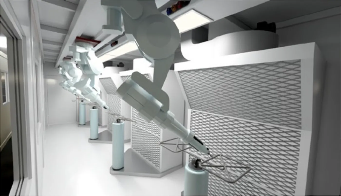 Vue d'ensemble de l'intérieur d'un module industriel équipé, avec poste de travail et cloison technique.