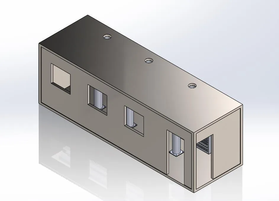 Rendu 3D d'un module conteneur fermé, ouvertures techniques en façade.