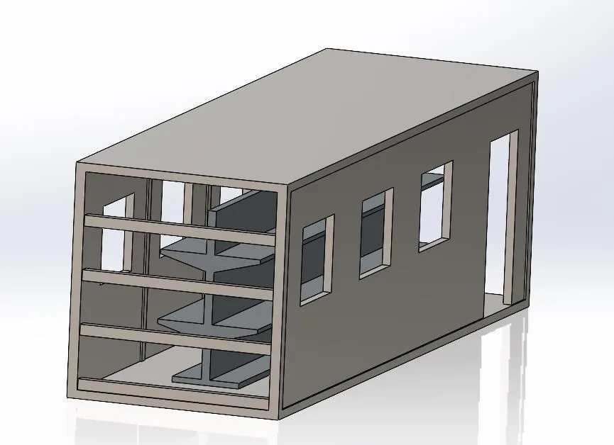 Coupe 3D du module stockage avec ses rayonnages intégrés sur toute la longueur.